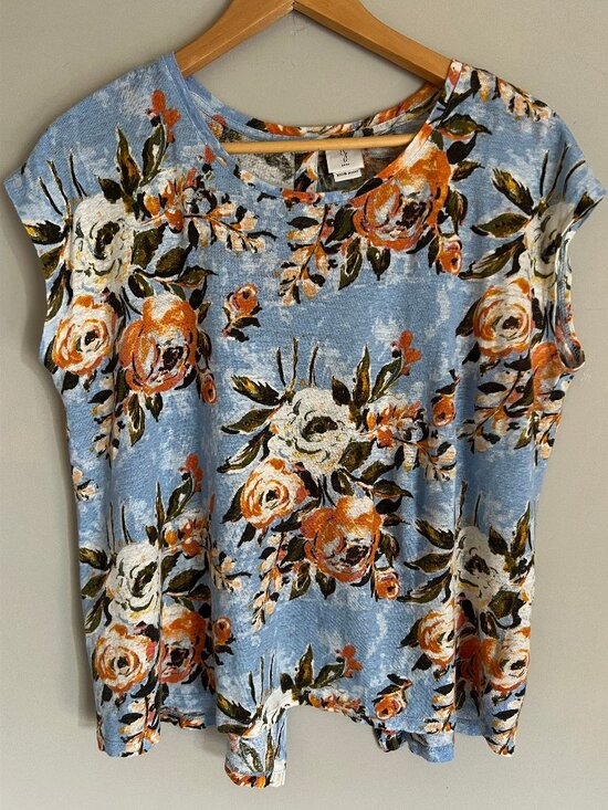 Joie Tops - Joie | Large | 100% Linen | Split Back | Dainty Blue Orange Floral | Relaxed Top